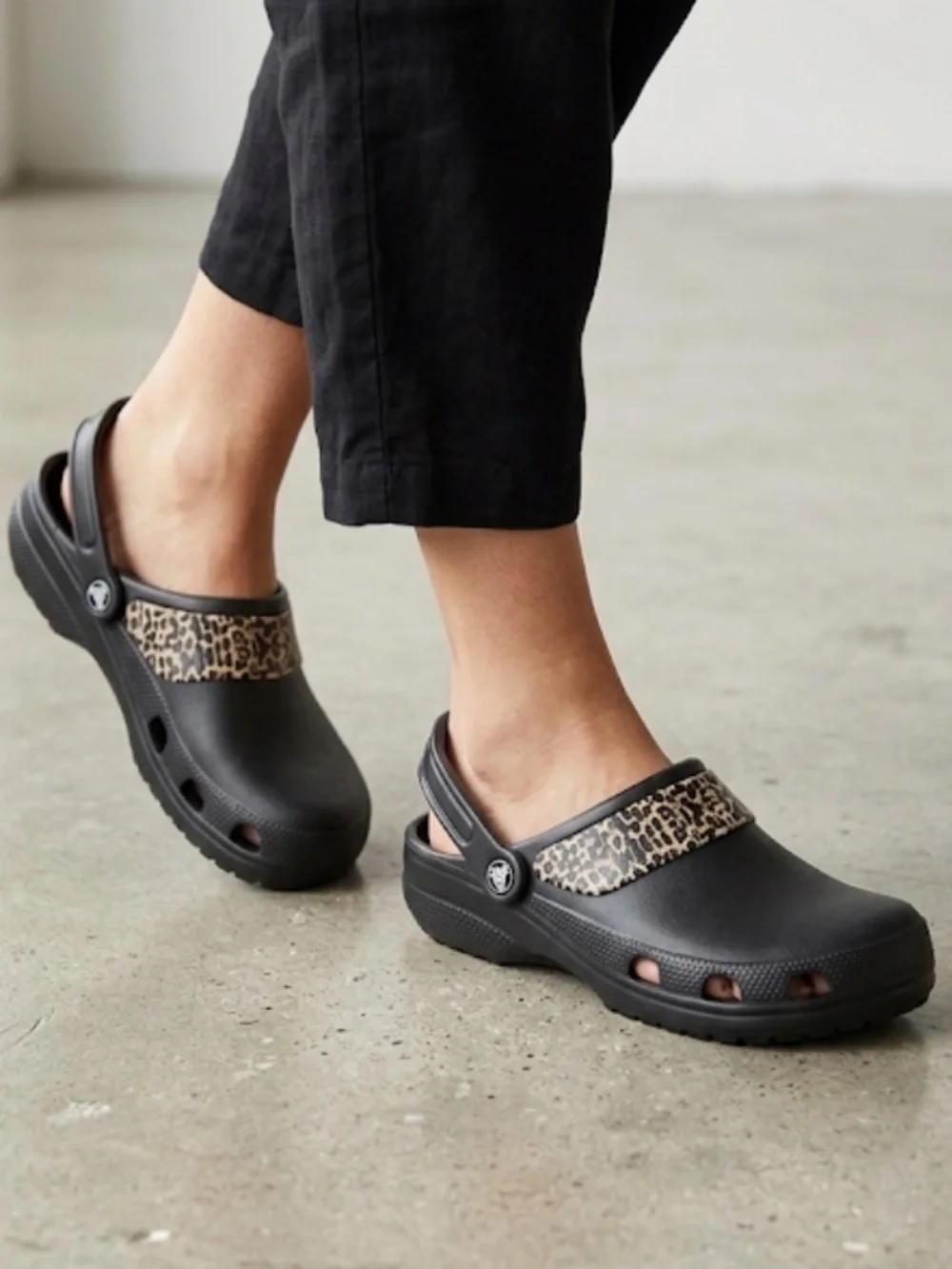 CROCS Black and Leopard Print Sandals